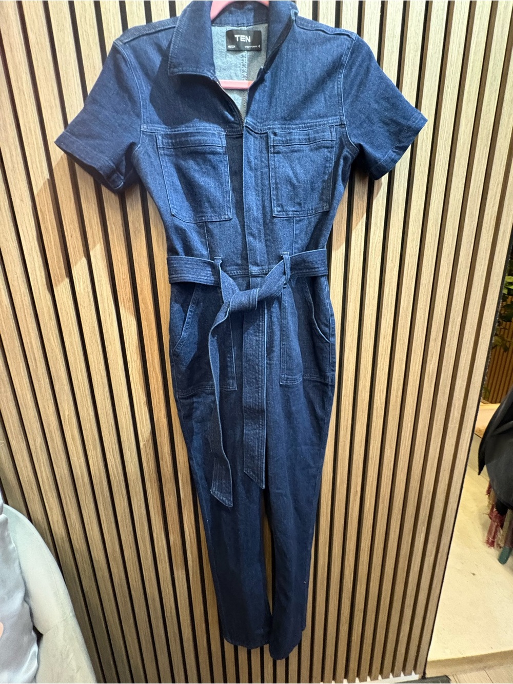 Aritzia Dark Blue Denim Short-Sleeve Jumpsuit with Tie Belt